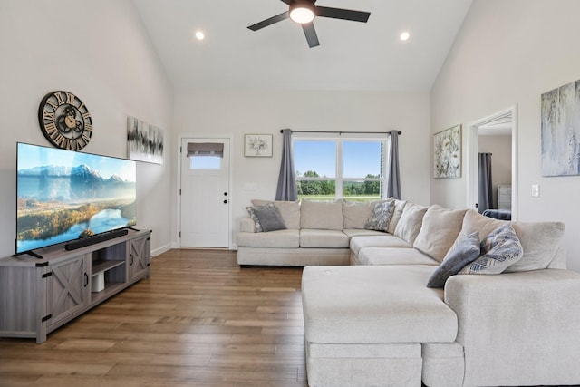 1202 Oak Grove Rd, Dickson, TN 37055 - living room featuring high vaulted ceiling, ceiling fan, wood finished floors, and recessed lighting