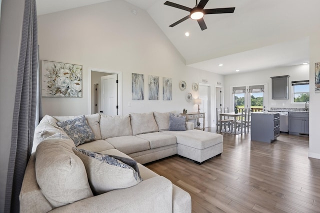 1202 Oak Grove Rd, Dickson, TN 37055 - living room with high vaulted ceiling, a ceiling fan, recessed lighting, and wood finished floors