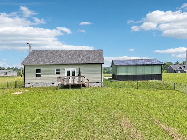 1202 Oak Grove Rd, Dickson, TN 37055 - back of house featuring crawl space, a deck, a fenced backyard, and a shingled roof