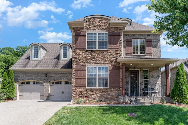 76 Molly Bright Ln, Franklin, TN 37064 - french country style house with a garage, driveway, brick siding, and a front lawn