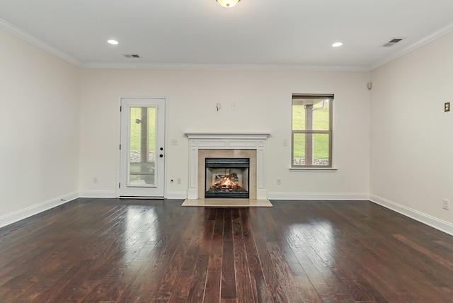 76 Molly Bright Ln, Franklin, TN 37064 - unfurnished living room with hardwood / wood-style flooring, healthy amount of natural light, a lit fireplace, ornamental molding, and recessed lighting