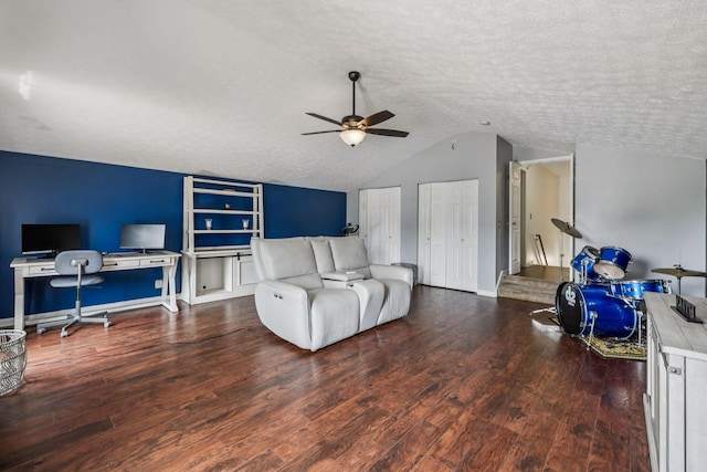 3524 Glenfalls Dr, Hermitage, TN 37076 - living room with ceiling fan, a textured ceiling, vaulted ceiling, wood finished floors, and a desk