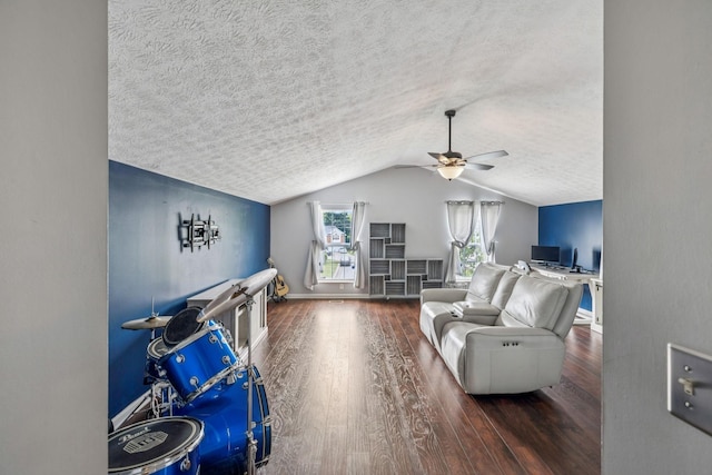 3524 Glenfalls Dr, Hermitage, TN 37076 - living room featuring a textured ceiling, wood finished floors, ceiling fan, and lofted ceiling