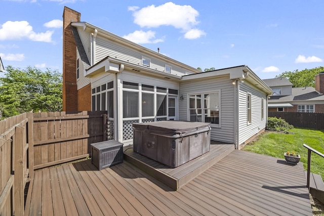 1183 Buckingham Cir, Franklin, TN 37064 - wooden deck featuring a hot tub and a sunroom