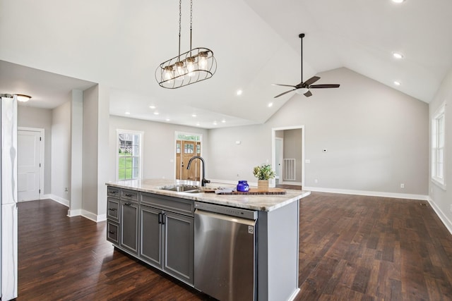 630 Bridle Path Ln, Hartsville, TN 37074 - kitchen featuring stainless steel dishwasher, open floor plan, dark wood-type flooring, recessed lighting, and gray cabinetry