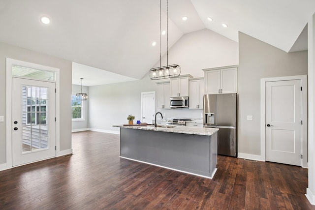 630 Bridle Path Ln, Hartsville, TN 37074 - kitchen featuring stainless steel appliances, high vaulted ceiling, dark wood finished floors, a center island with sink, and a chandelier