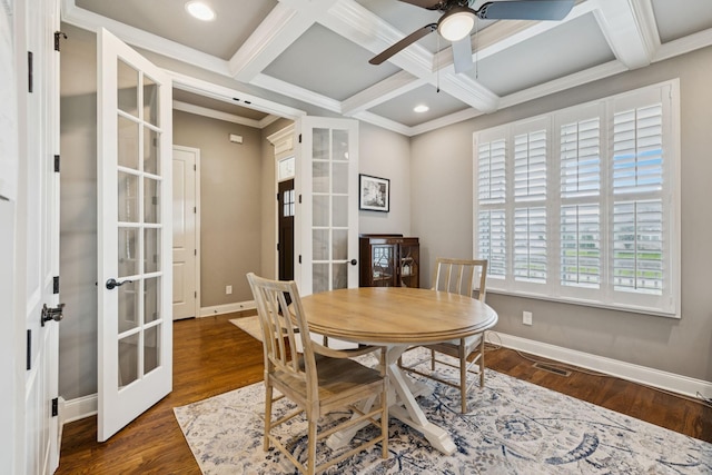 1120 Pretender Way, Columbia, TN 38401 - dining area featuring french doors, coffered ceiling, ceiling fan, beamed ceiling, and wood finished floors