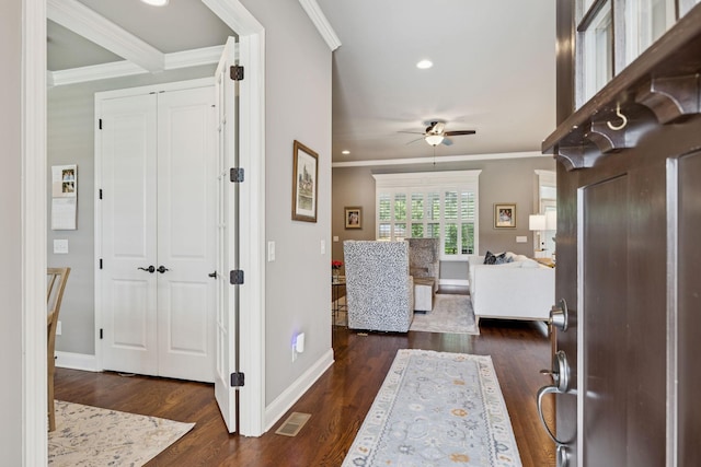 1120 Pretender Way, Columbia, TN 38401 - foyer with a ceiling fan, crown molding, dark wood-style flooring, and recessed lighting