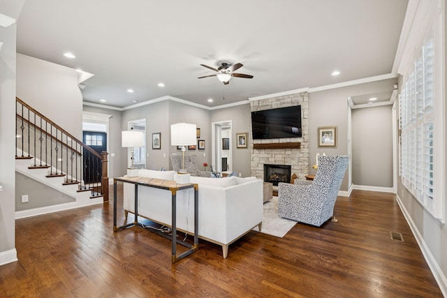 1120 Pretender Way, Columbia, TN 38401 - living area with a fireplace, ceiling fan, dark wood-style floors, recessed lighting, and stairs