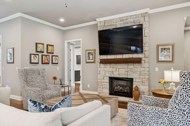 1120 Pretender Way, Columbia, TN 38401 - living area featuring wood finished floors, crown molding, a fireplace, and recessed lighting