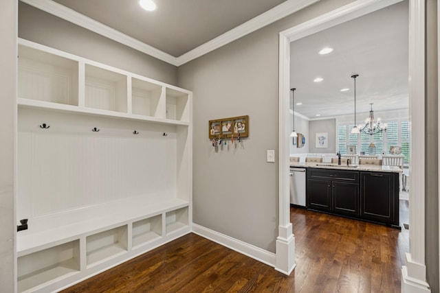 1120 Pretender Way, Columbia, TN 38401 - mudroom with crown molding, a chandelier, dark wood-style floors, and recessed lighting