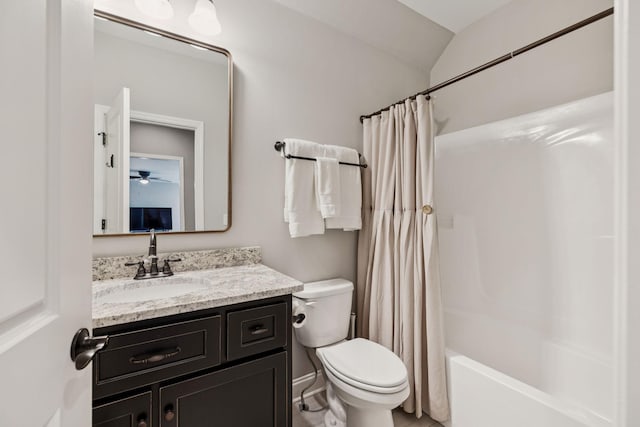 1120 Pretender Way, Columbia, TN 38401 - full bathroom featuring vanity, shower / bathtub combination with curtain, a ceiling fan, and lofted ceiling