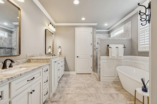 1120 Pretender Way, Columbia, TN 38401 - bathroom with crown molding, double vanity, a stall shower, a soaking tub, and plenty of natural light