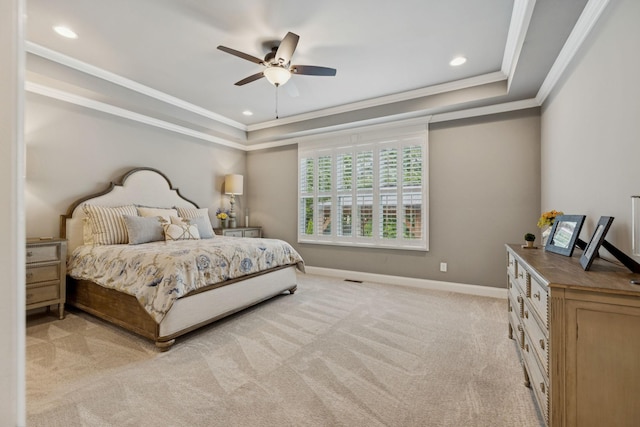 1120 Pretender Way, Columbia, TN 38401 - bedroom with a tray ceiling, light colored carpet, ornamental molding, recessed lighting, and a ceiling fan