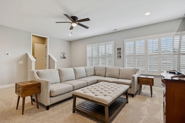 1120 Pretender Way, Columbia, TN 38401 - living room featuring ceiling fan, light colored carpet, and recessed lighting