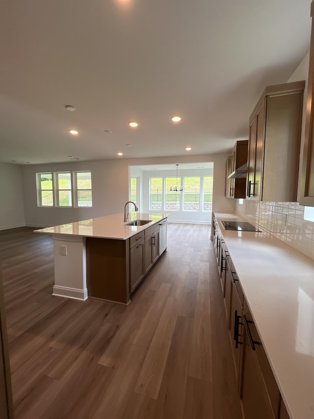 1559 Oak Springs Dr, Columbia, TN 38401 - kitchen featuring dishwasher, dark wood-style flooring, black electric stovetop, a kitchen island with sink, and recessed lighting