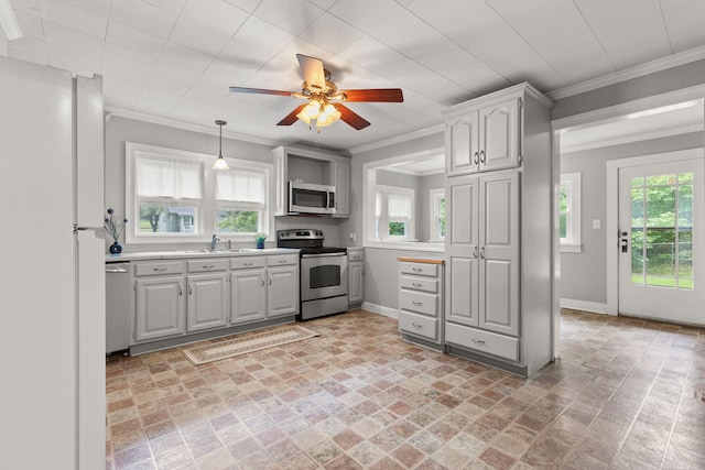104 S Charlotte St, Dickson, TN 37055 - kitchen with stainless steel appliances, plenty of natural light, ceiling fan, ornamental molding, and gray cabinets