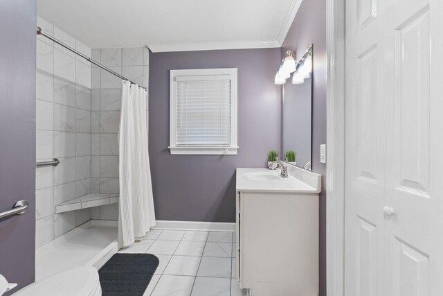 104 S Charlotte St, Dickson, TN 37055 - bathroom with marble look tiles, vanity, ornamental molding, and a tile shower