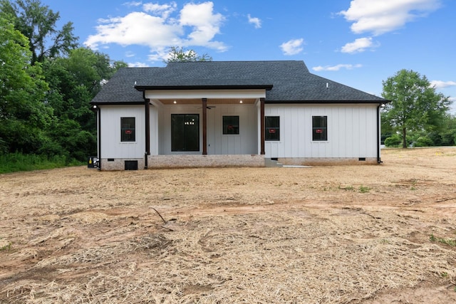 4100 Asbury Rd, Manchester, TN 37355 - back of property with crawl space, roof with shingles, and a ceiling fan