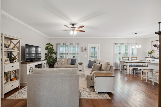 4731 Lunns Store Rd, Chapel Hill, TN 37034 - living room with ceiling fan, crown molding, dark wood-type flooring, and a chandelier