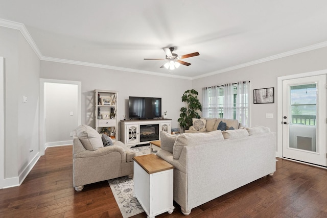 4731 Lunns Store Rd, Chapel Hill, TN 37034 - living room featuring dark wood finished floors, ornamental molding, ceiling fan, and a glass covered fireplace