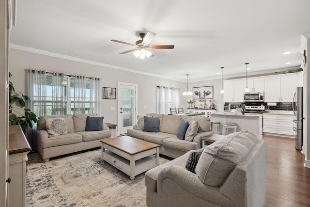 4731 Lunns Store Rd, Chapel Hill, TN 37034 - living area featuring a ceiling fan, crown molding, wood finished floors, and recessed lighting