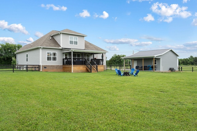 4731 Lunns Store Rd, Chapel Hill, TN 37034 - back of property featuring a sunroom, stairs, a shingled roof, a fenced backyard, and a fire pit