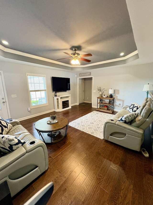 4611 Turquoise Ln, Murfreesboro, TN 37129 - living room featuring a raised ceiling, ceiling fan, wood finished floors, and recessed lighting