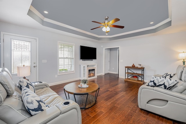 4611 Turquoise Ln, Murfreesboro, TN 37129 - living room with a tray ceiling, crown molding, ceiling fan, dark wood-type flooring, and a glass covered fireplace