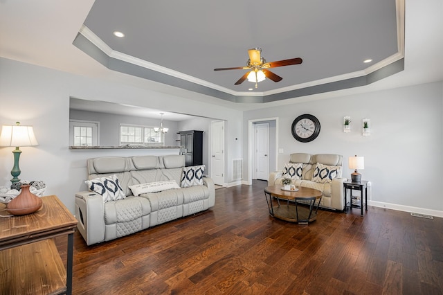 4611 Turquoise Ln, Murfreesboro, TN 37129 - living room with a tray ceiling, a ceiling fan, crown molding, hardwood / wood-style floors, and recessed lighting