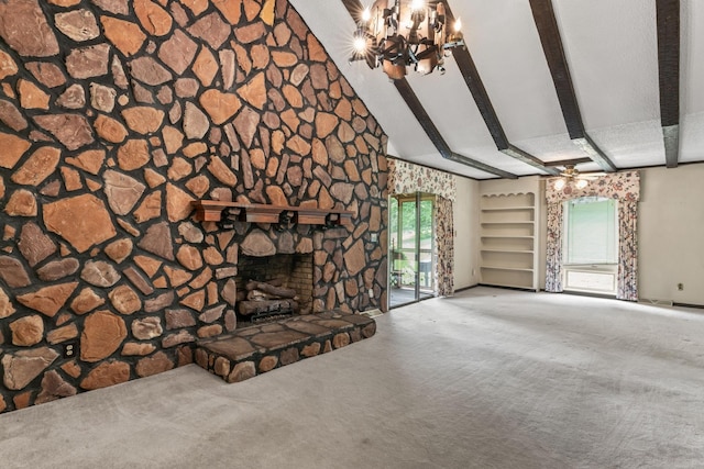 123 Proffitt St, Carthage, TN 37030 - unfurnished living room with carpet, beam ceiling, a chandelier, ceiling fan, and high vaulted ceiling