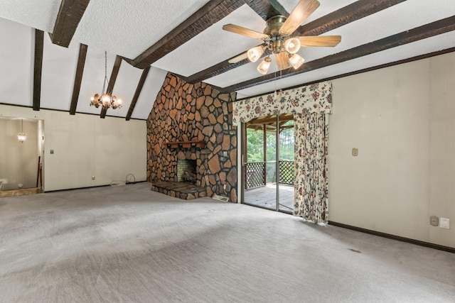 123 Proffitt St, Carthage, TN 37030 - unfurnished living room featuring carpet, a ceiling fan, a textured ceiling, a chandelier, and a stone fireplace