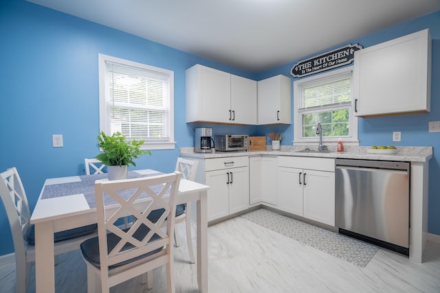 502 N Main St, Loretto, TN 38469 - kitchen with dishwasher, white cabinets, and light stone countertops