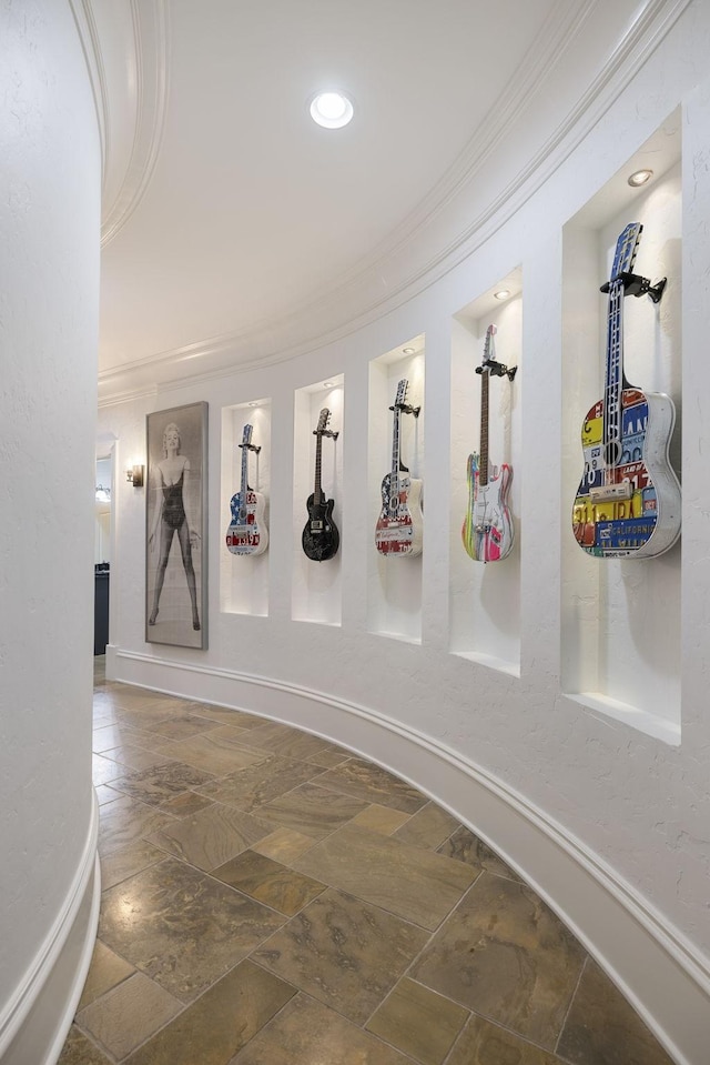 2410 Hidden River Ln, Franklin, TN 37069 - corridor with ornamental molding, stone tile floors, and recessed lighting