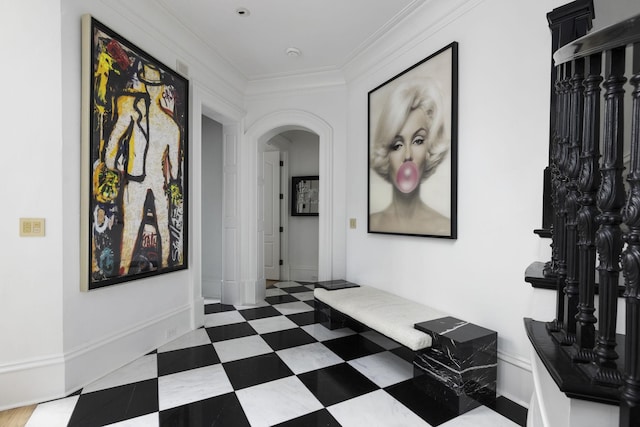2410 Hidden River Ln, Franklin, TN 37069 - hall featuring arched walkways, ornamental molding, and tile patterned floors