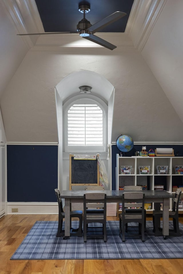2410 Hidden River Ln, Franklin, TN 37069 - dining space with vaulted ceiling, wood finished floors, and ceiling fan