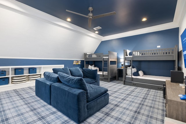 2410 Hidden River Ln, Franklin, TN 37069 - carpeted home theater with ornamental molding, a ceiling fan, lofted ceiling, and recessed lighting