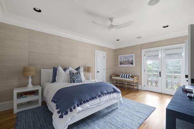 2410 Hidden River Ln, Franklin, TN 37069 - bedroom featuring access to outside, crown molding, wood finished floors, and a ceiling fan