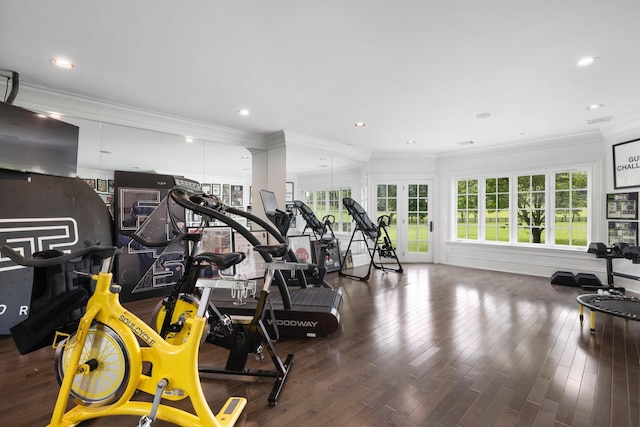 2410 Hidden River Ln, Franklin, TN 37069 - exercise room with ornamental molding, wood finished floors, and recessed lighting