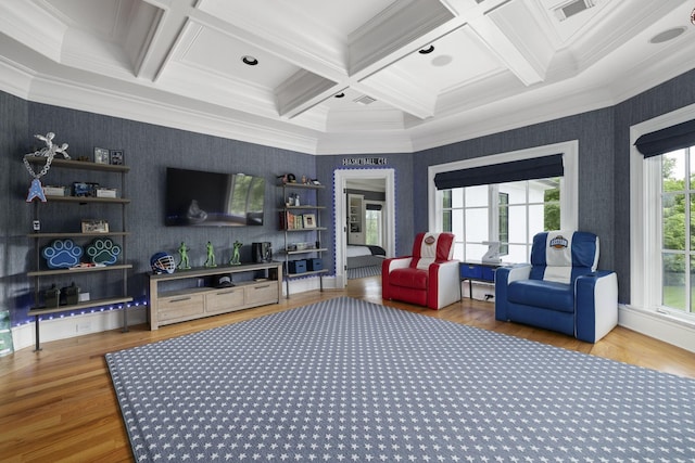 2410 Hidden River Ln, Franklin, TN 37069 - living room featuring coffered ceiling, ornamental molding, wallpapered walls, and light wood-style flooring