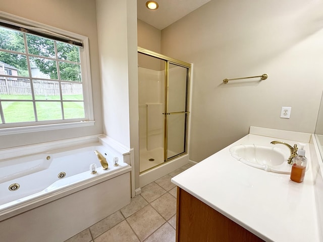 416 Barnes Dr, Lebanon, TN 37087 - bathroom featuring vanity, a stall shower, a jetted tub, and tile patterned flooring