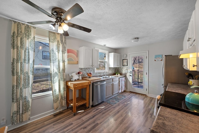 301 Panamint Dr, Antioch, TN 37013 - kitchen featuring stainless steel appliances, wood finished floors, white cabinets, a ceiling fan, and a textured ceiling