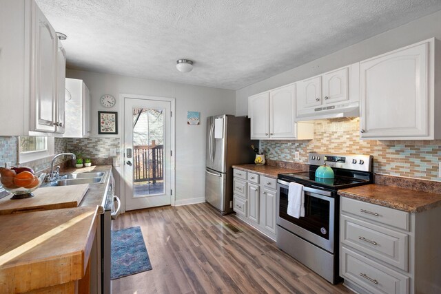 301 Panamint Dr, Antioch, TN 37013 - kitchen featuring appliances with stainless steel finishes, under cabinet range hood, a textured ceiling, white cabinetry, and tasteful backsplash