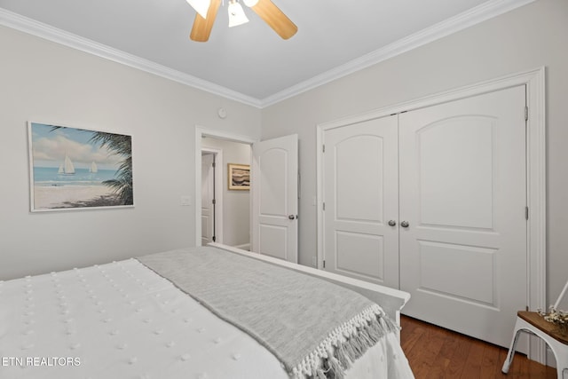 48 Riverside Dr, Oak Ridge, TN 37830 - bedroom with ornamental molding, dark wood-style floors, a closet, and ceiling fan