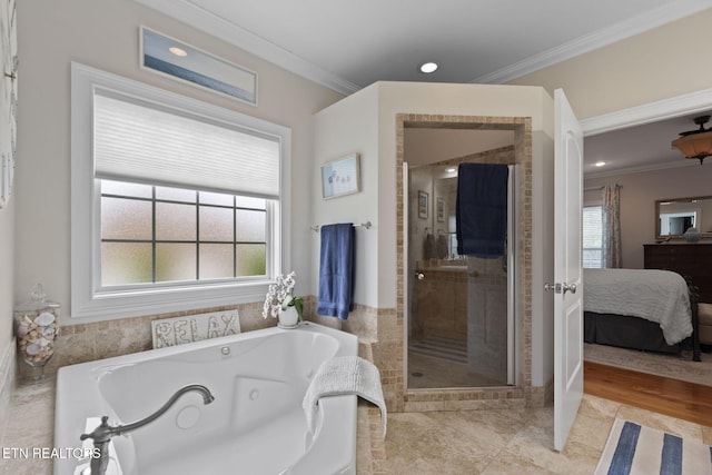 48 Riverside Dr, Oak Ridge, TN 37830 - ensuite bathroom with crown molding, a stall shower, a jetted tub, and recessed lighting