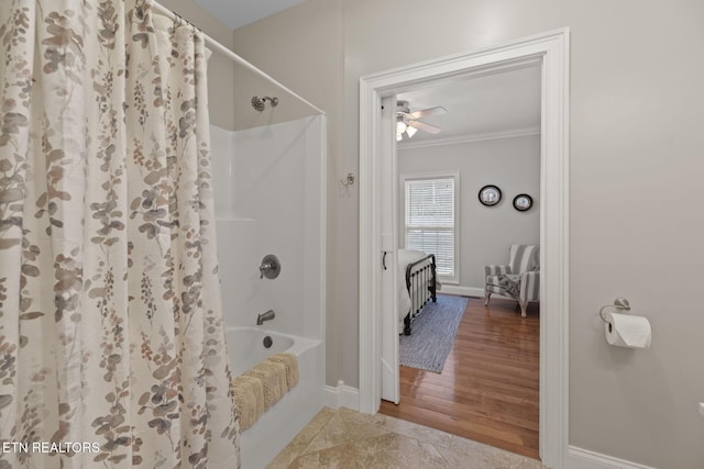 48 Riverside Dr, Oak Ridge, TN 37830 - full bath with ornamental molding, shower / bathtub combination with curtain, and a ceiling fan