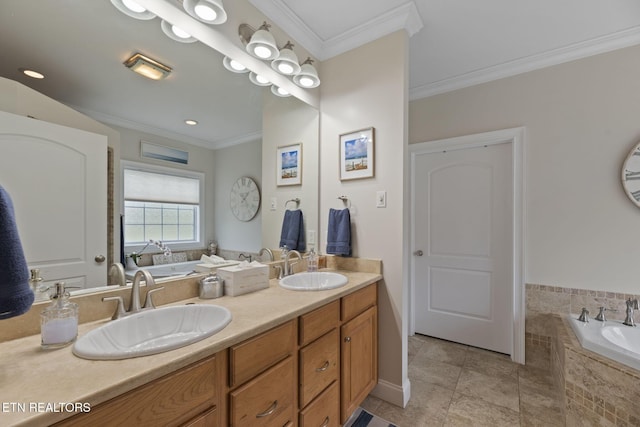 48 Riverside Dr, Oak Ridge, TN 37830 - full bathroom with double vanity, a bath, crown molding, and tile patterned floors