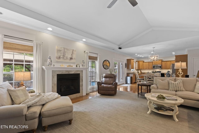 48 Riverside Dr, Oak Ridge, TN 37830 - living room with recessed lighting, vaulted ceiling, a chandelier, plenty of natural light, and a high end fireplace