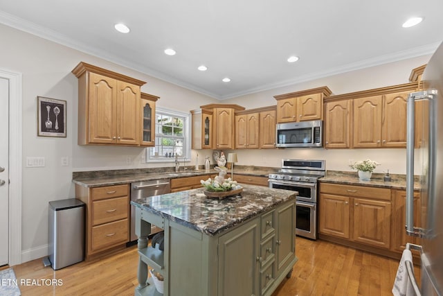 48 Riverside Dr, Oak Ridge, TN 37830 - kitchen featuring stainless steel appliances, dark stone countertops, glass insert cabinets, light wood-type flooring, and recessed lighting