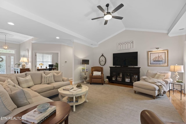 48 Riverside Dr, Oak Ridge, TN 37830 - living area with ceiling fan, light wood-style floors, crown molding, lofted ceiling, and recessed lighting